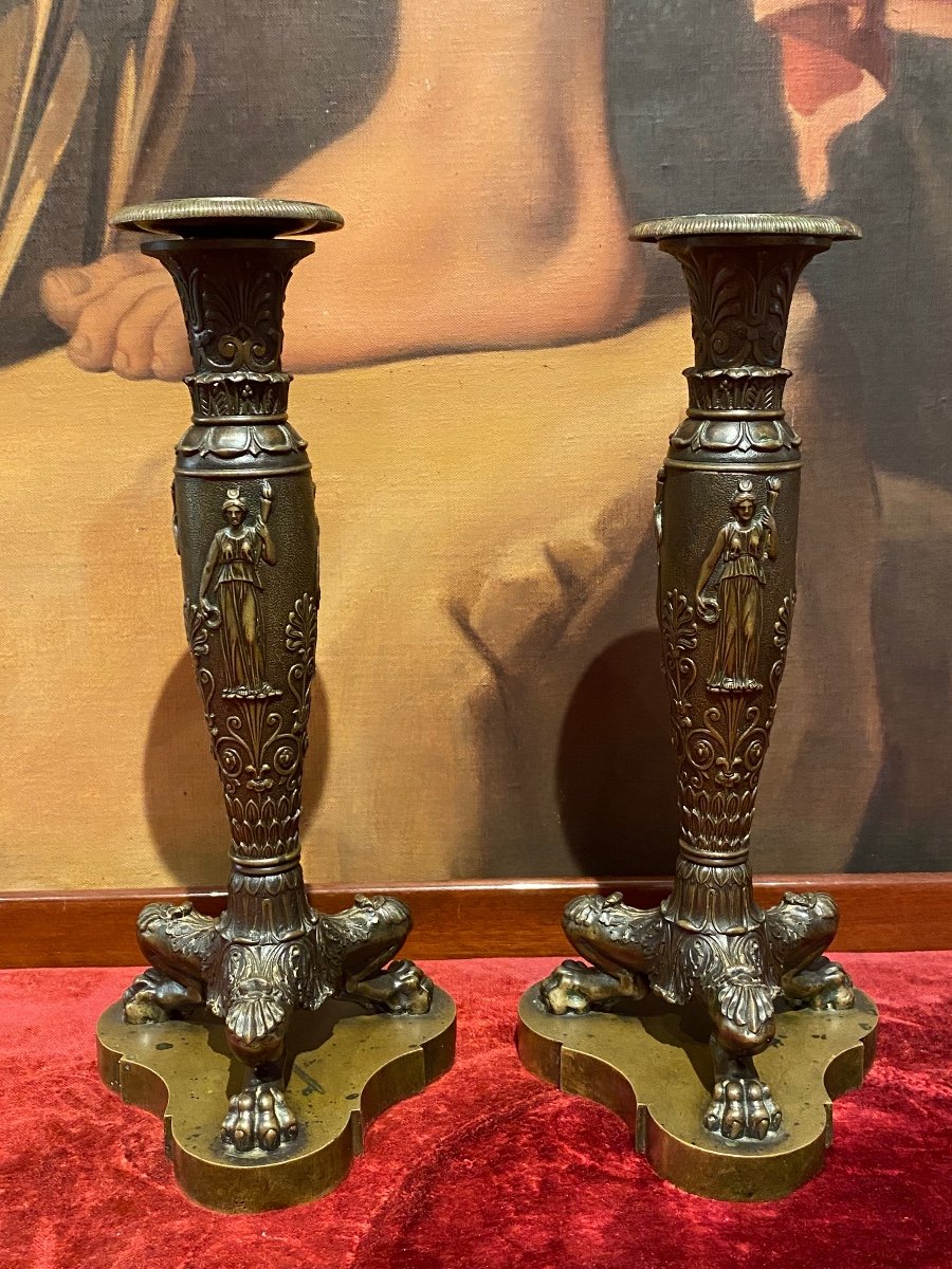 Rare Pair Of Neoclassical Decor Candlesticks In Patinated Chased Bronze XIXth Restoration Period.