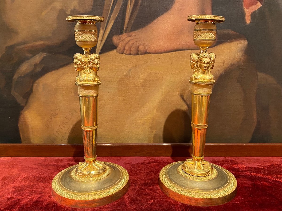 Beautiful Pair Of Gilt Bronze Candlesticks Decorated With Women's Heads XIXth Empire Period.-photo-2