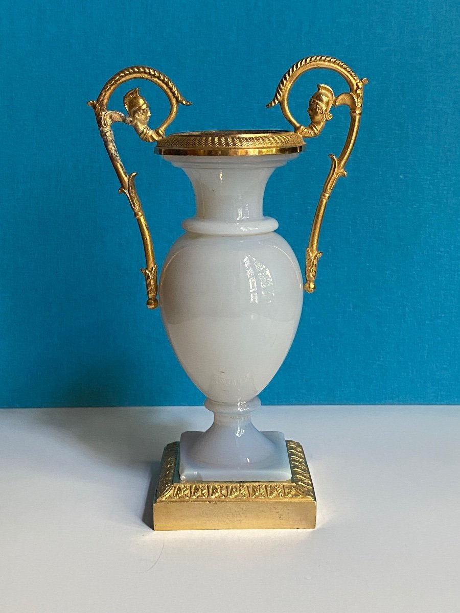 Rare Petit Vase Néoclassique En Opaline Et Bronze Ciselé Doré à Décor D’athena XIXeme Charles X-photo-4