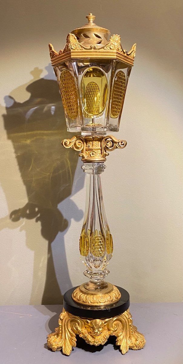 Important And Rare Perfume Burner In Gilt Bronze Marble And Bicolor Crystal XIXth Circa 1830.-photo-2