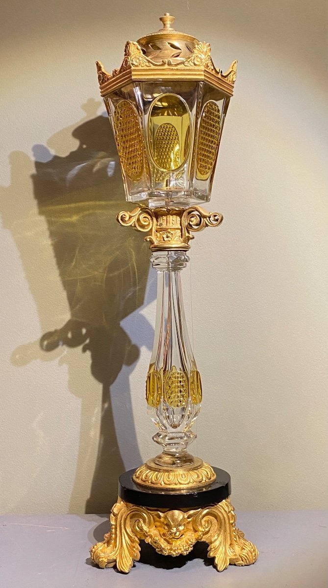 Important And Rare Perfume Burner In Gilt Bronze Marble And Bicolor Crystal XIXth Circa 1830.
