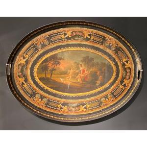 Important Tray In Painted Sheet Decor Of A Scene In The Antique Early XIXth 1st Empire Period.