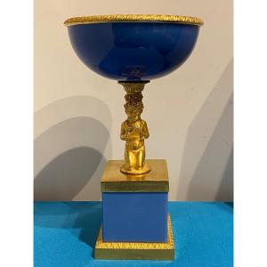 Very Rare Cup In Blue Opaline And Chased Gilt Bronze Decorated With A 19th Charles X Cupid.