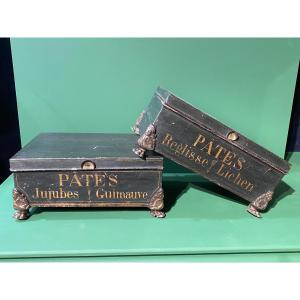 Rare Pair Of Painted Sheet Metal Pharmacy Herbalism Box 1/4 XIXth.