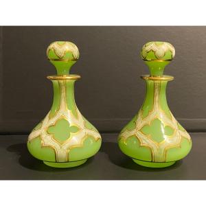 Pair Of Bottles In White Enameled Green Opaline And Gold Fillets Mid XIXth Napoleon III Period.