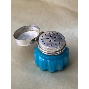 Small Vinaigrette In Turquoise Blue Opaline Mounted Silver 19th Charles X Period.