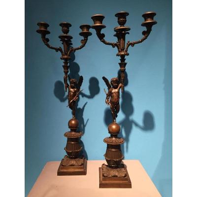 Pair Of Bronze Candelabra Chiseled Patinated XIXth Charles X.