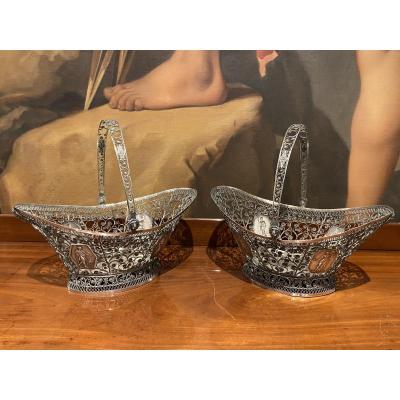 Rare Pair Of Basket Baskets In Sterling Silver Early XIXth 1st Empire Period.