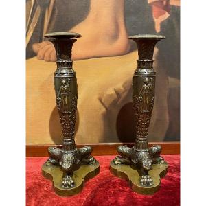 Rare Pair Of Neoclassical Decor Candlesticks In Patinated Chased Bronze XIXth Restoration Period.