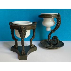 Collection Of Two Neoclassical Night Lights In Chiselled Bronze Patinated XIXth Charles X Period.
