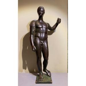 Neoclassical Man Sculpture In Patinated Bronze After The Antique Le Grand Tour Early 19th Century.