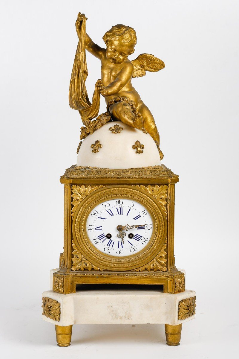 Pendule De Style Louis XVI En Bronze Doré Et Marbre Blanc-photo-2