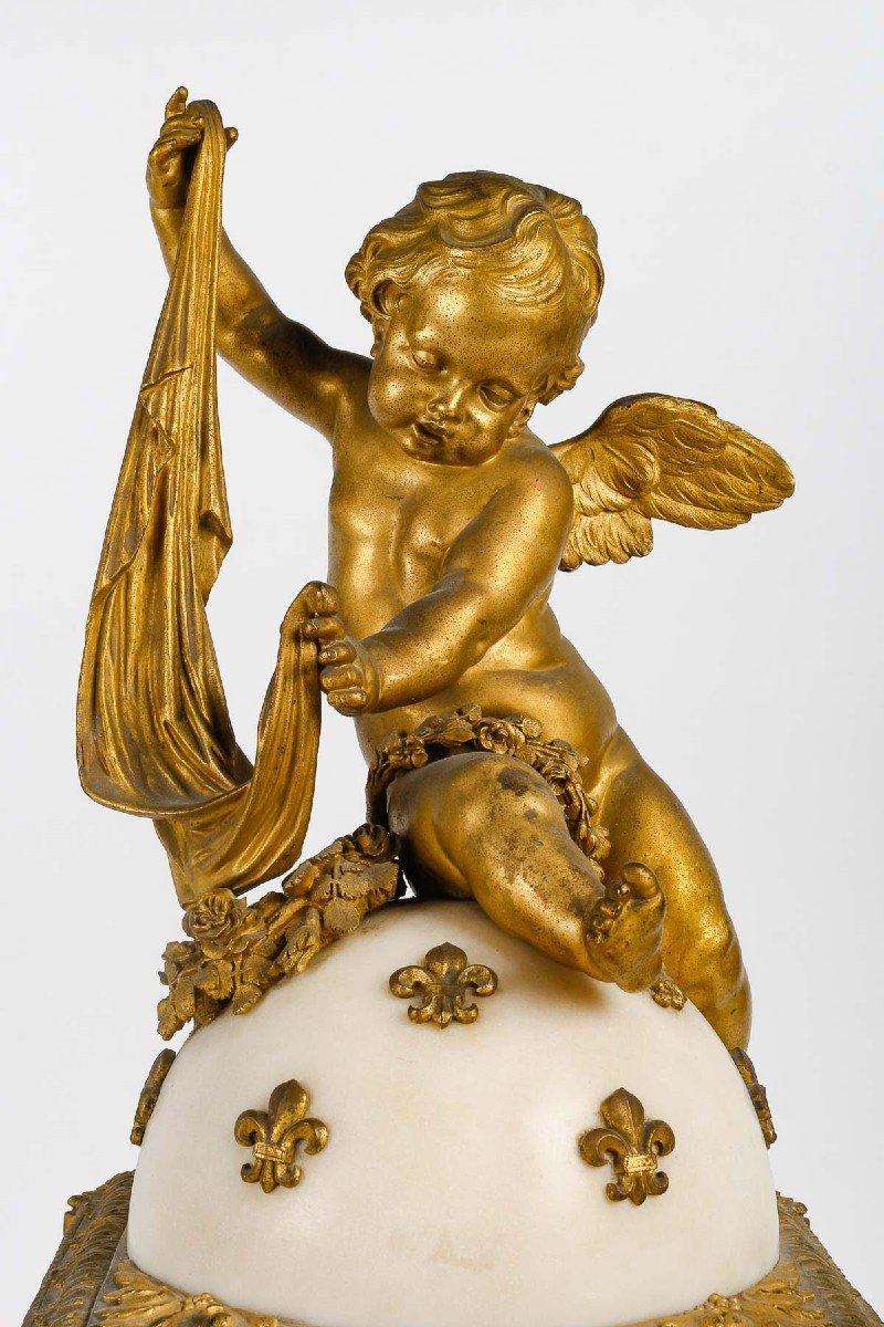 Pendule De Style Louis XVI En Bronze Doré Et Marbre Blanc-photo-4