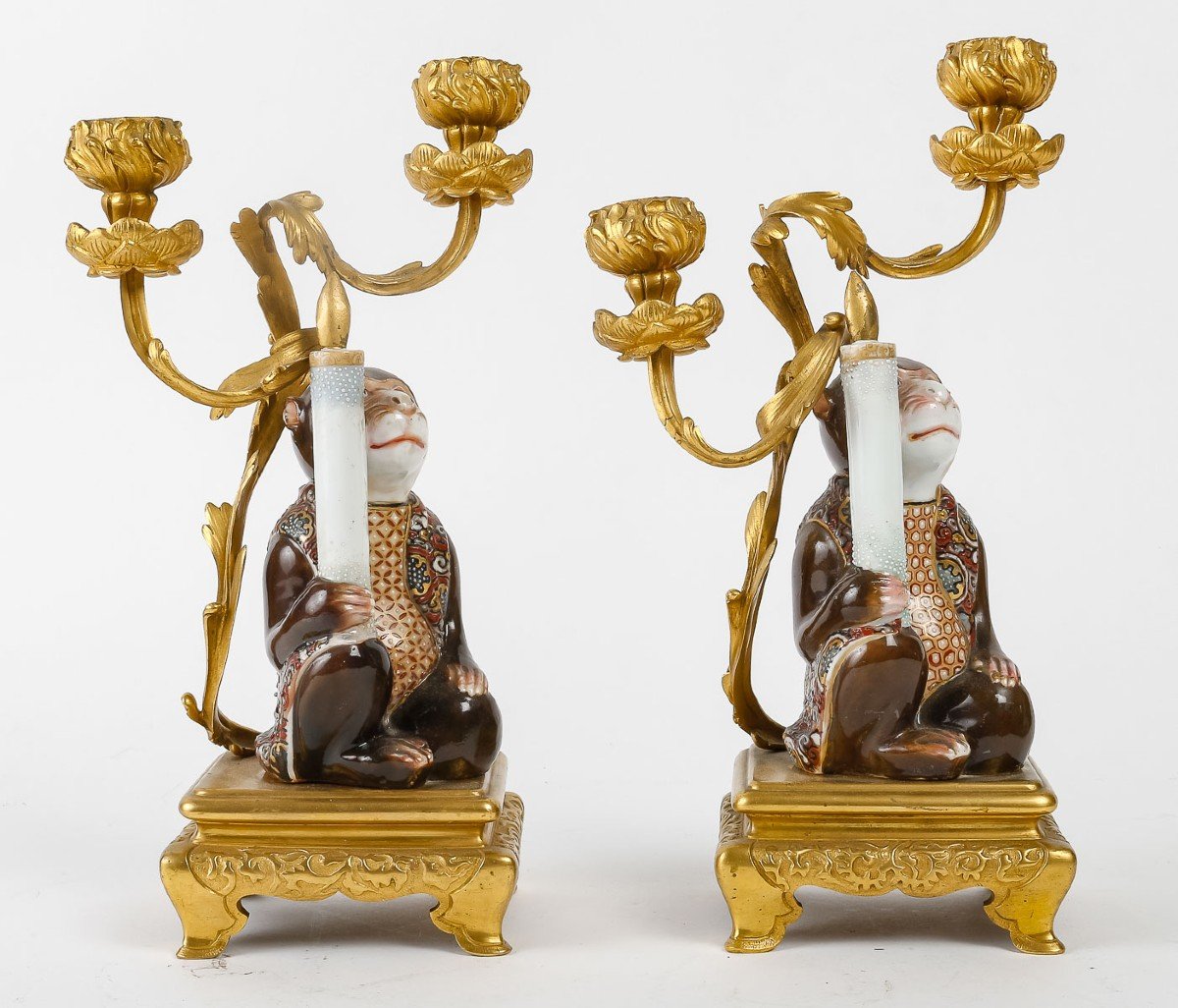 Pair Of Bronze And Porcelain Candelabres In The Japanese Taste-photo-1