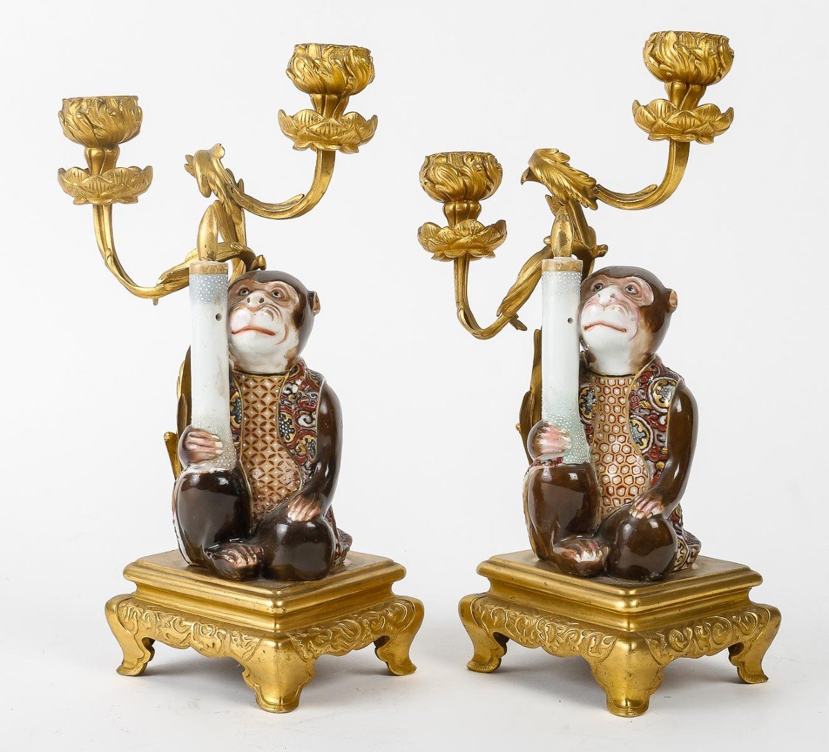 Pair Of Bronze And Porcelain Candelabres In The Japanese Taste