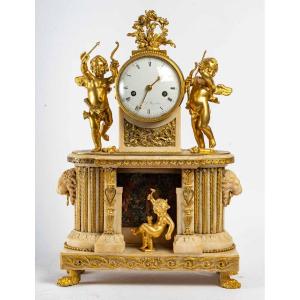 Pendule d'époque Louis XVI En Bronze Et Marbre Blanc 