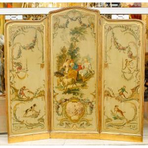 Screen In Golden Wood And Painting On Wood Chinoiserie Decor. 