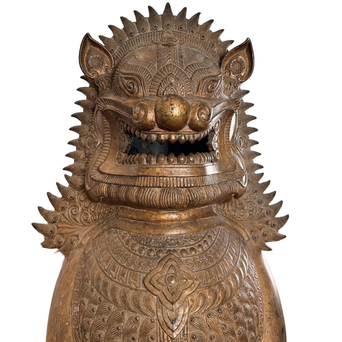 Paire monumentale de lions gardiens Singha en bronze doré – Siam, XVIIIe siècle-photo-6