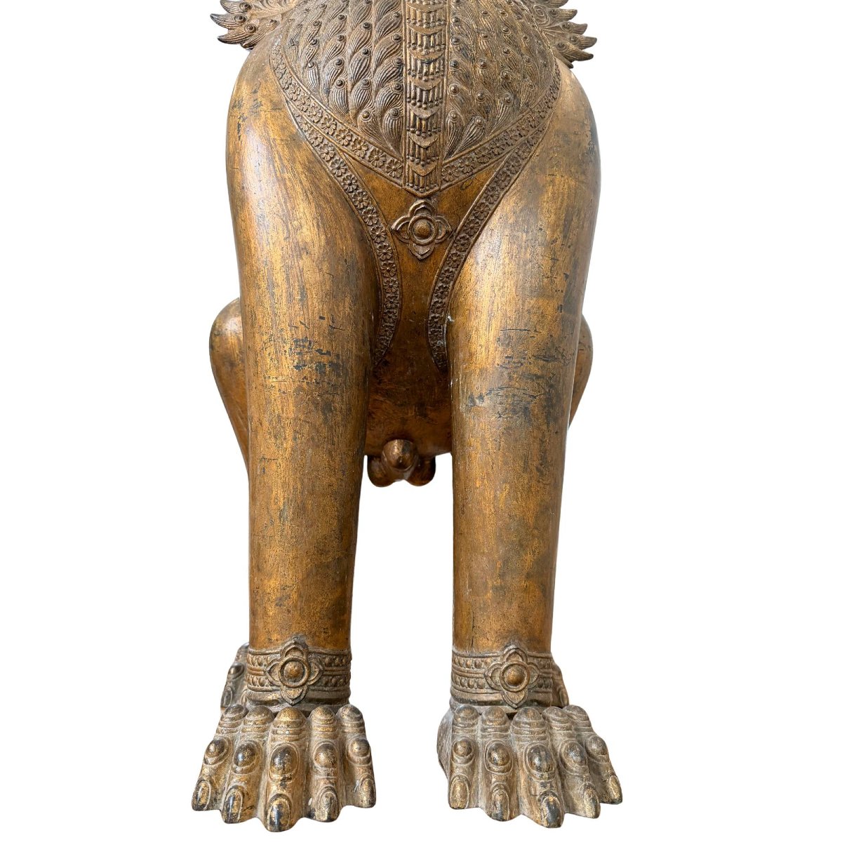 Paire monumentale de lions gardiens Singha en bronze doré – Siam, XVIIIe siècle-photo-8
