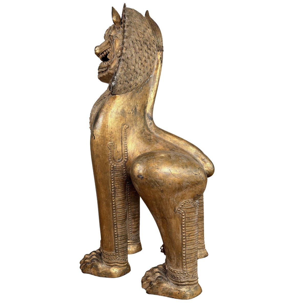 Paire monumentale de lions gardiens Singha en bronze doré – Siam, XVIIIe siècle-photo-2