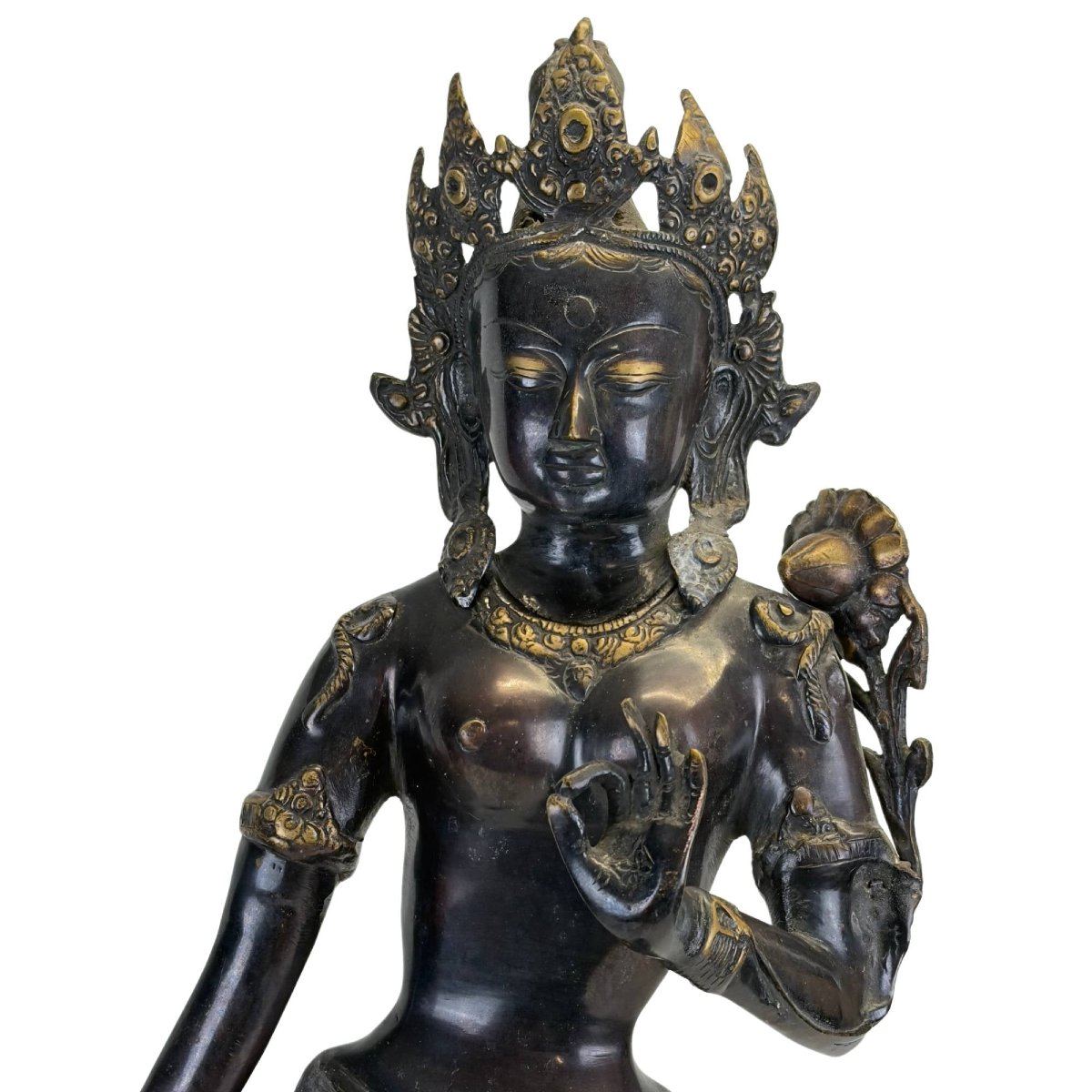 Nepalese Green Tara In Gilded Bronze – Kathmandu Valley, Newar Art, 19th Century-photo-3