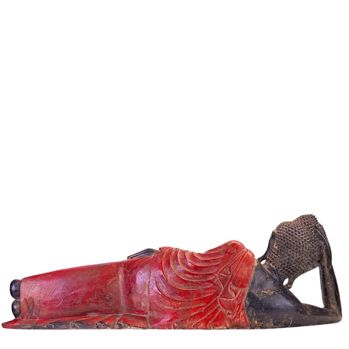 Reclining Burmese Buddha Made Of Lacquered And Polychrome Teak – 19th Century-photo-3