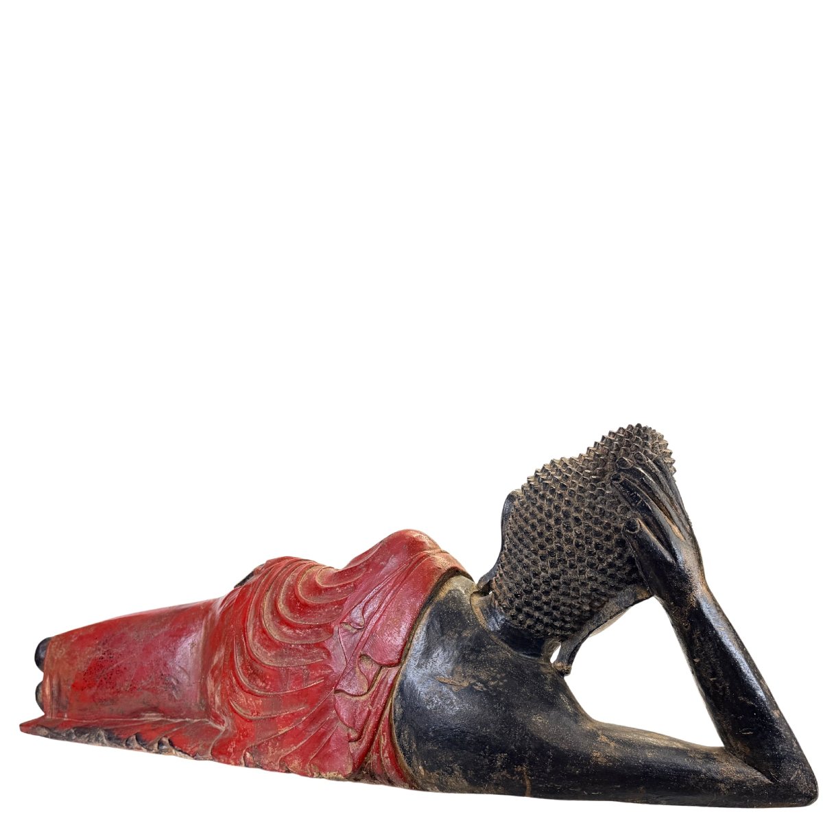 Reclining Burmese Buddha Made Of Lacquered And Polychrome Teak – 19th Century-photo-4