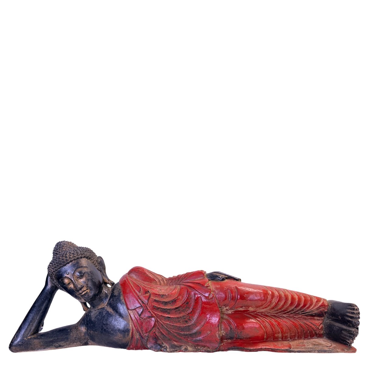 Reclining Burmese Buddha Made Of Lacquered And Polychrome Teak – 19th Century