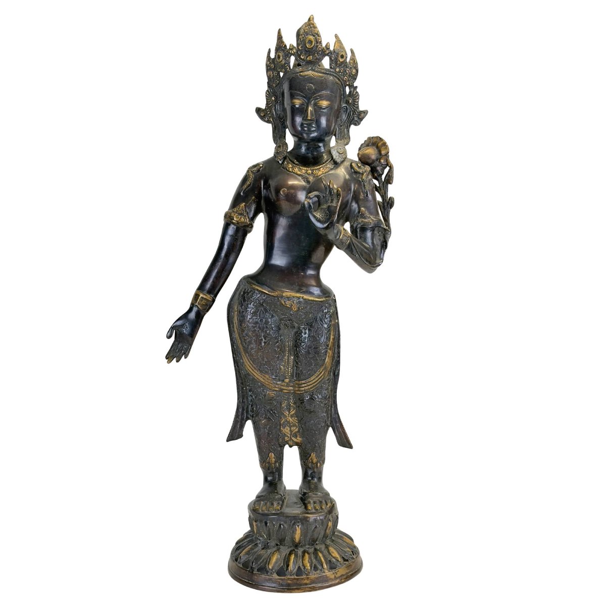 Nepalese Green Tara In Gilded Bronze – Newar Art, 19th Century-photo-4