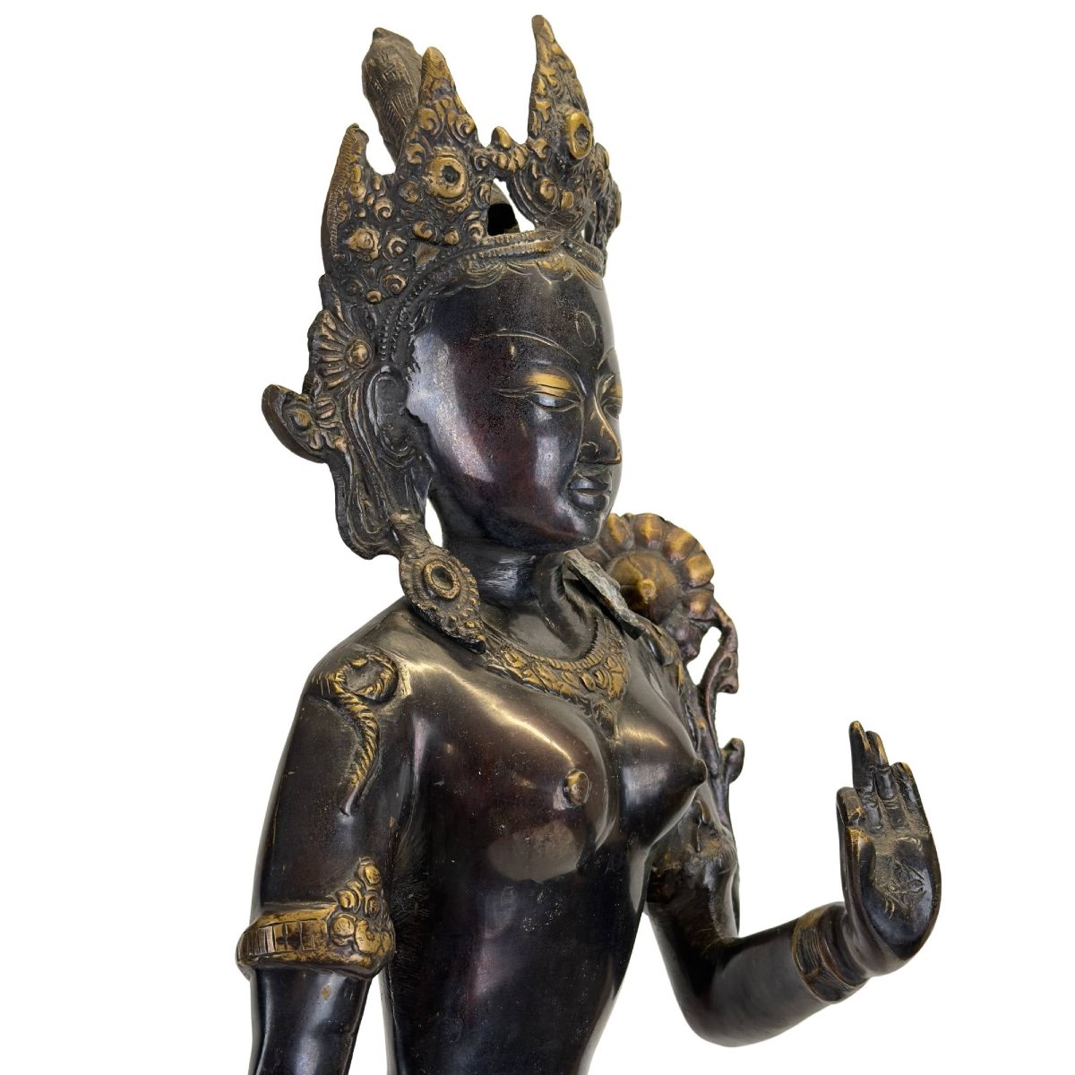 Nepalese Green Tara In Gilded Bronze – Newar Art, 19th Century-photo-3