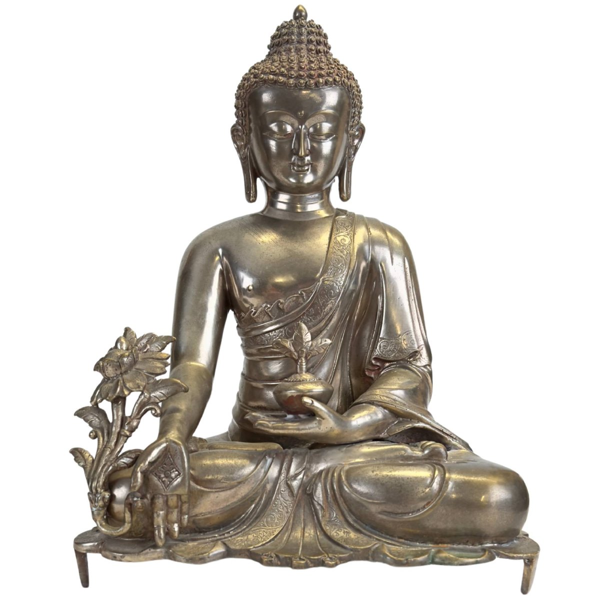 Silver-plated Bronze Bhaisajyaguru Medicine Buddha – Nepal, 15th–16th Century-photo-2