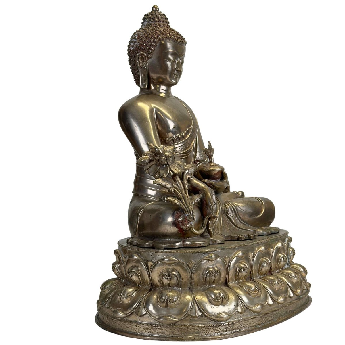Silver-plated Bronze Bhaisajyaguru Medicine Buddha – Nepal, 15th–16th Century-photo-1