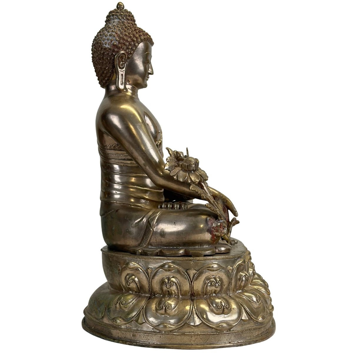 Silver-plated Bronze Bhaisajyaguru Medicine Buddha – Nepal, 15th–16th Century-photo-3
