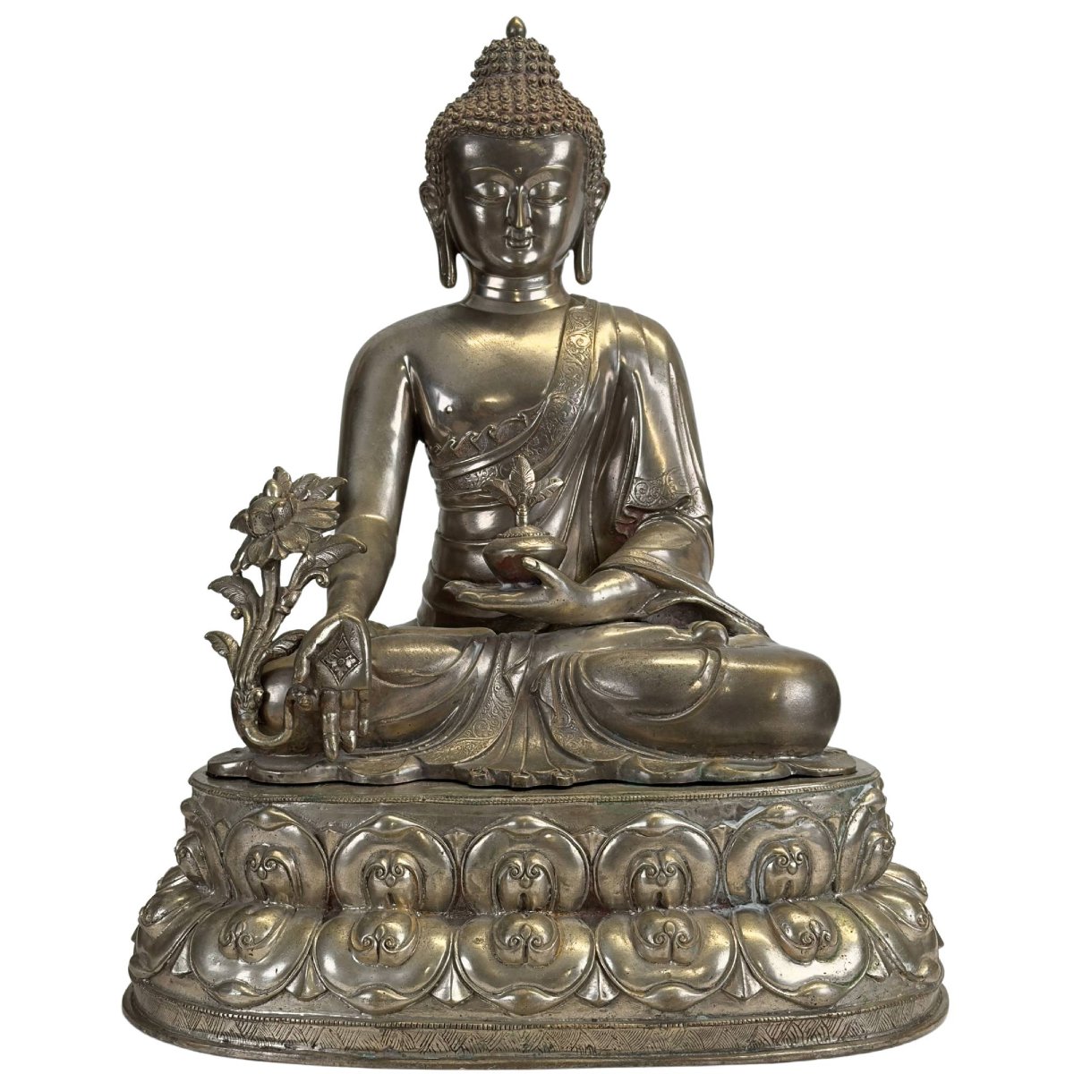 Silver-plated Bronze Bhaisajyaguru Medicine Buddha – Nepal, 15th–16th Century