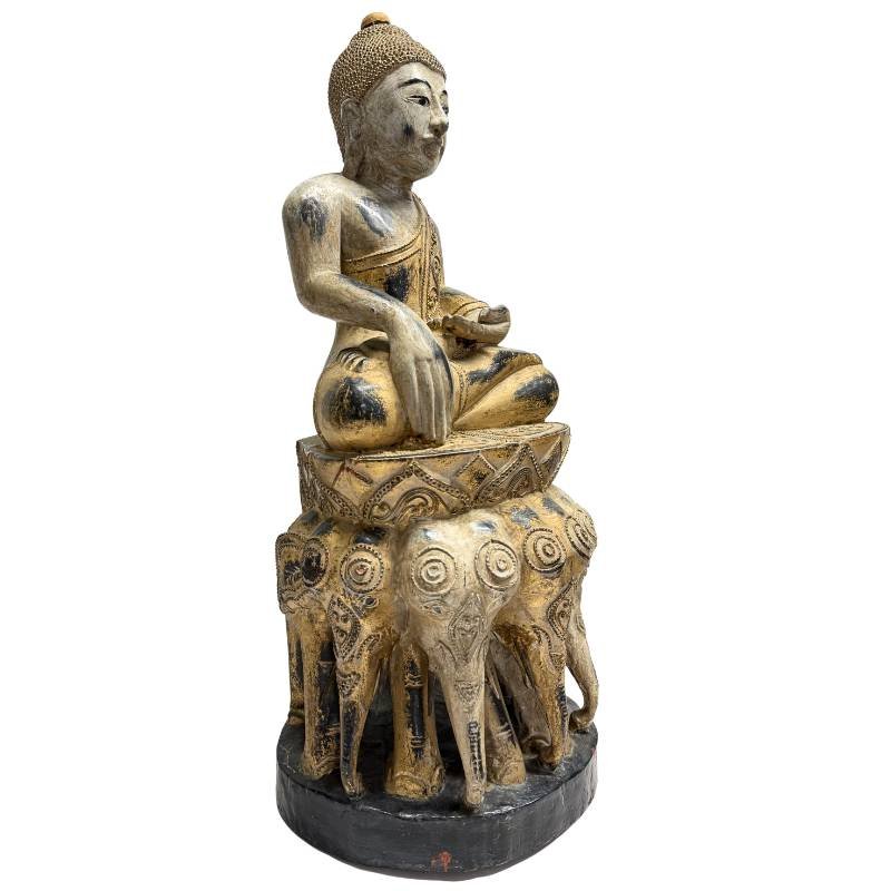 Bouddha birman en bois polychrome sur trône aux éléphants – Mandalay, vers 1900-photo-2