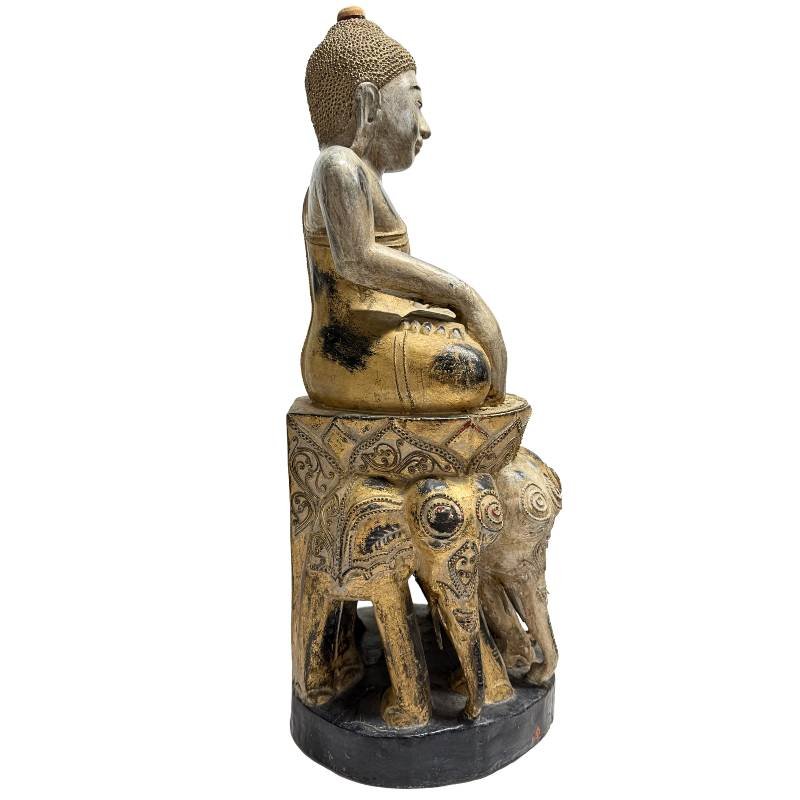 Bouddha birman en bois polychrome sur trône aux éléphants – Mandalay, vers 1900-photo-3