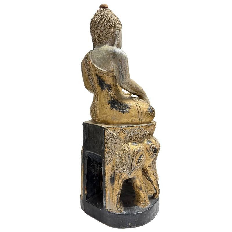 Bouddha birman en bois polychrome sur trône aux éléphants – Mandalay, vers 1900-photo-4