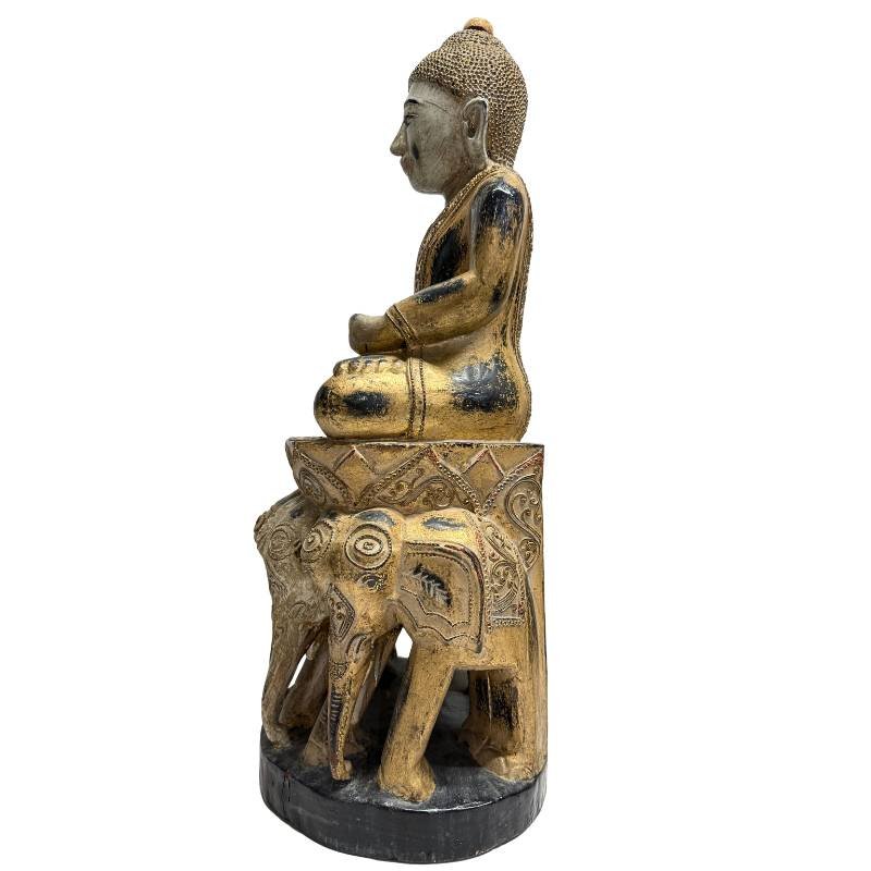 Bouddha birman en bois polychrome sur trône aux éléphants – Mandalay, vers 1900-photo-3