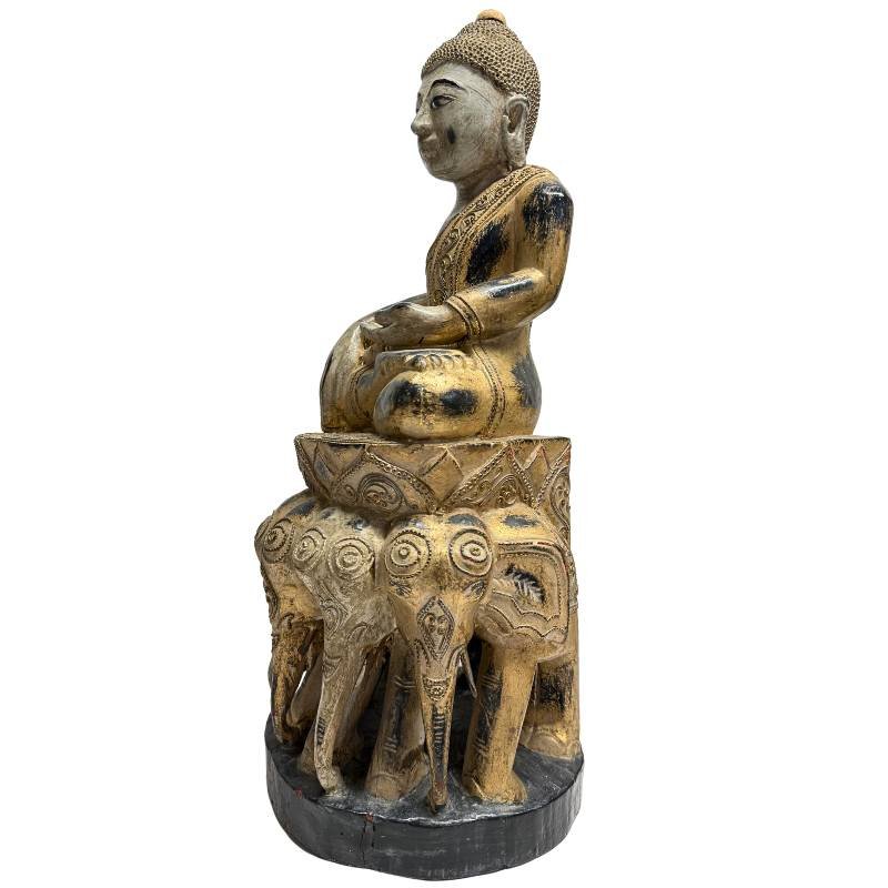 Bouddha birman en bois polychrome sur trône aux éléphants – Mandalay, vers 1900-photo-4