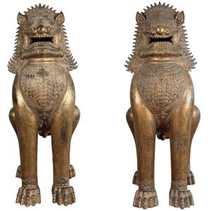 Monumental Pair Of Singha Guardian Lions In Gilded Bronze – Siam, 18th Century