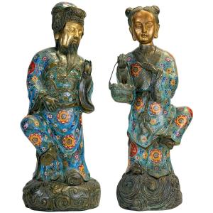 Lü Dongbin et Lan Caihe – Paire en cloisonné, Chine, dynastie Qing, XIXe siècle