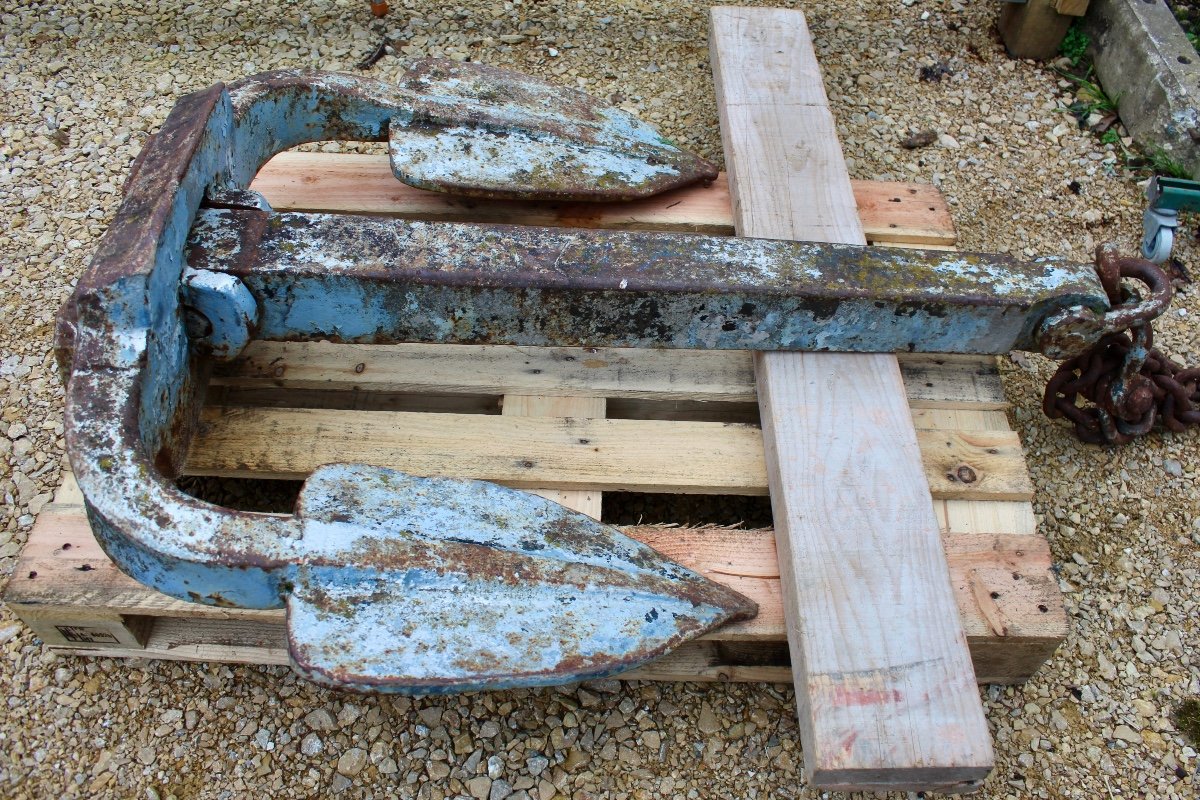 Très Grande Ancre De Marine En Fonte Avec Sa Chaîne-photo-2