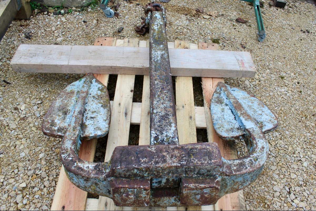 Very Large Cast Iron Marine Anchor With Its Chain