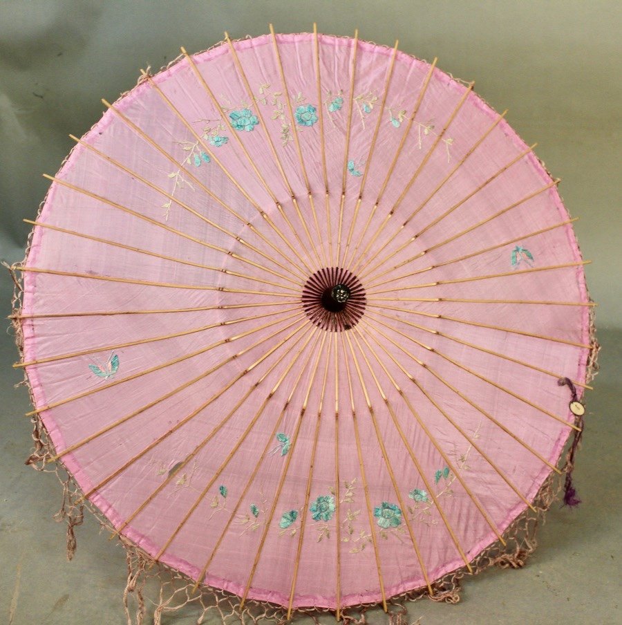 Old Asian Parasol In Embroidered Silk