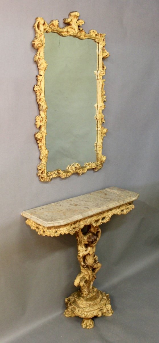 Marble Top Console And Its Rocaille Style Mirror