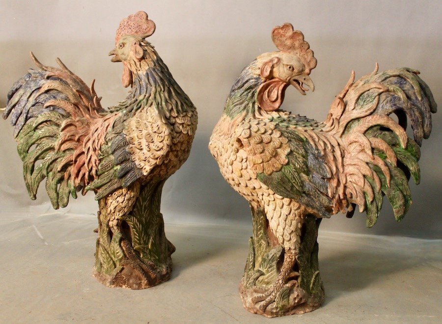 Pair Of Rooster In Polychrome Terracotta XVIIIth-photo-2