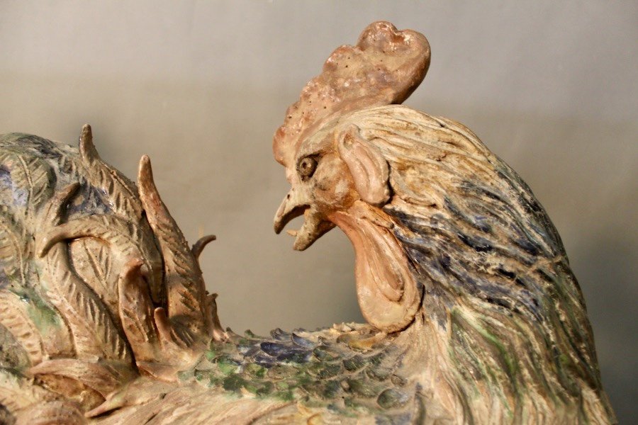 Pair Of Rooster In Polychrome Terracotta XVIIIth-photo-4