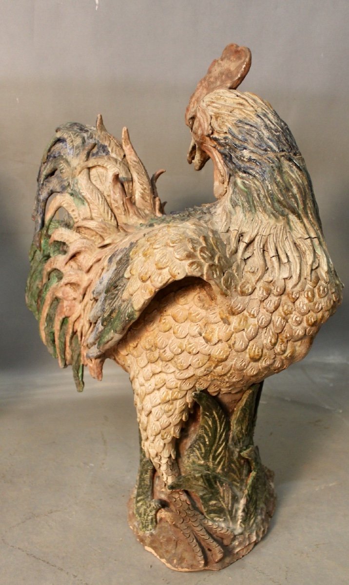 Pair Of Rooster In Polychrome Terracotta XVIIIth-photo-6