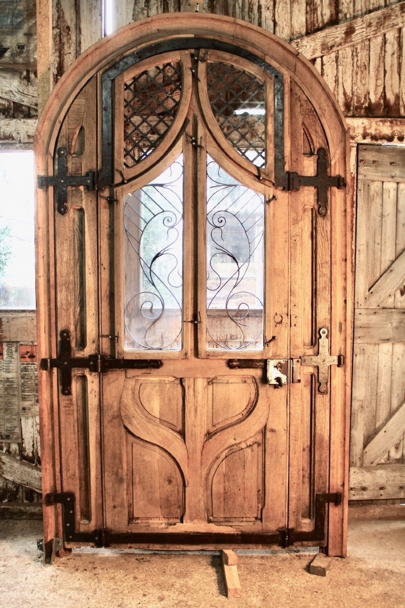 Large Art Nouveau Arched Door Oak And Wrought Iron-photo-3