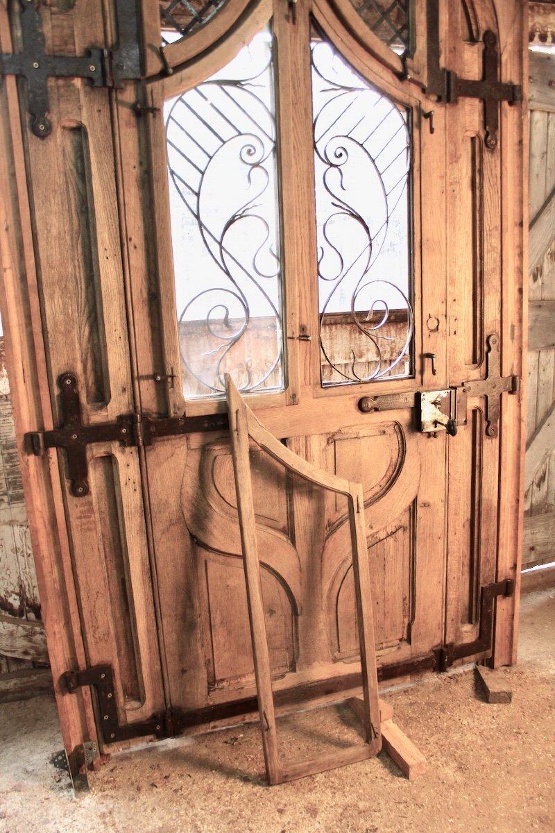 Large Art Nouveau Arched Door Oak And Wrought Iron-photo-3